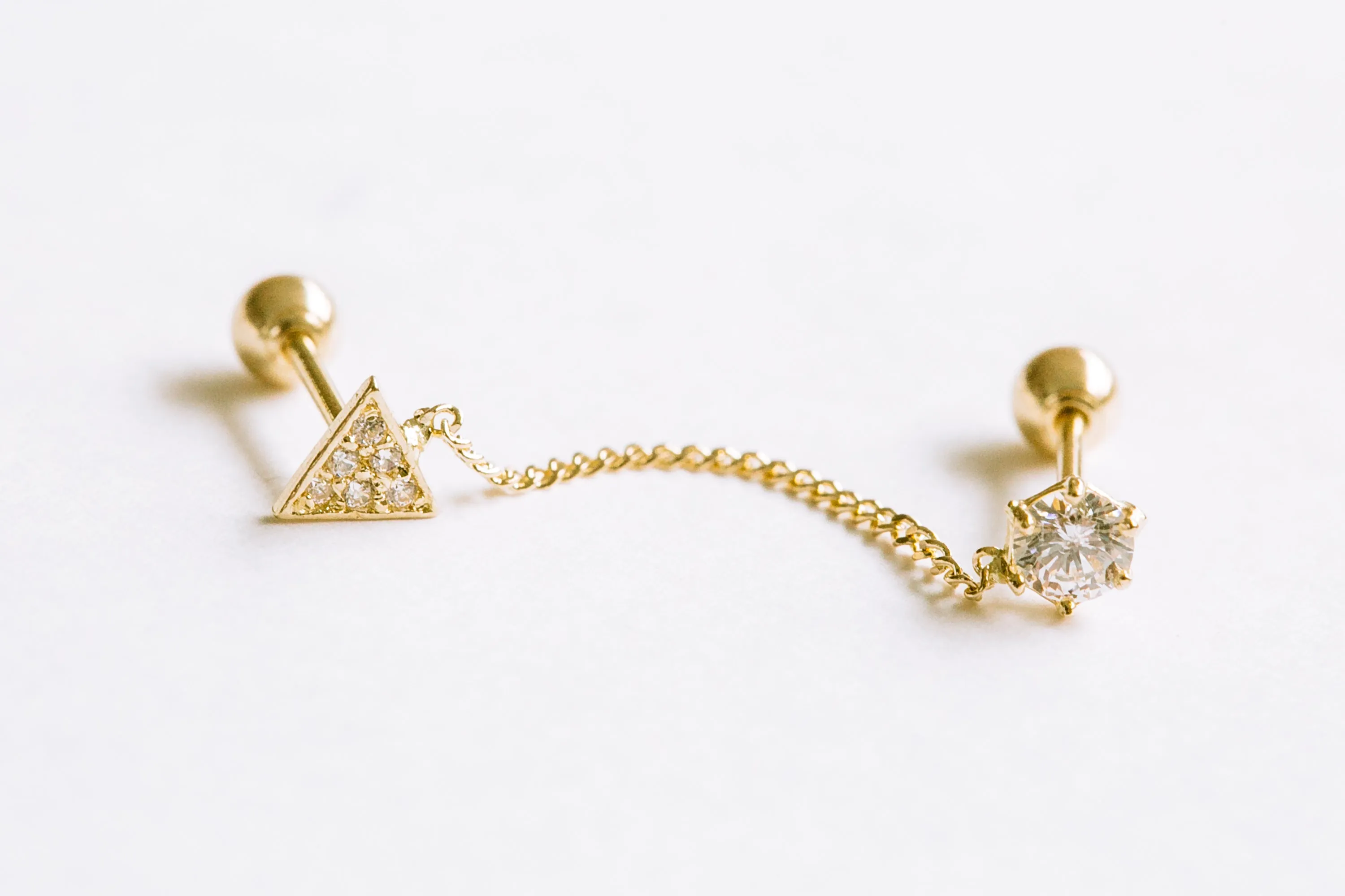 14k Gold Jewelry Cz Triangle Double Barbells Ears Stud Piercing