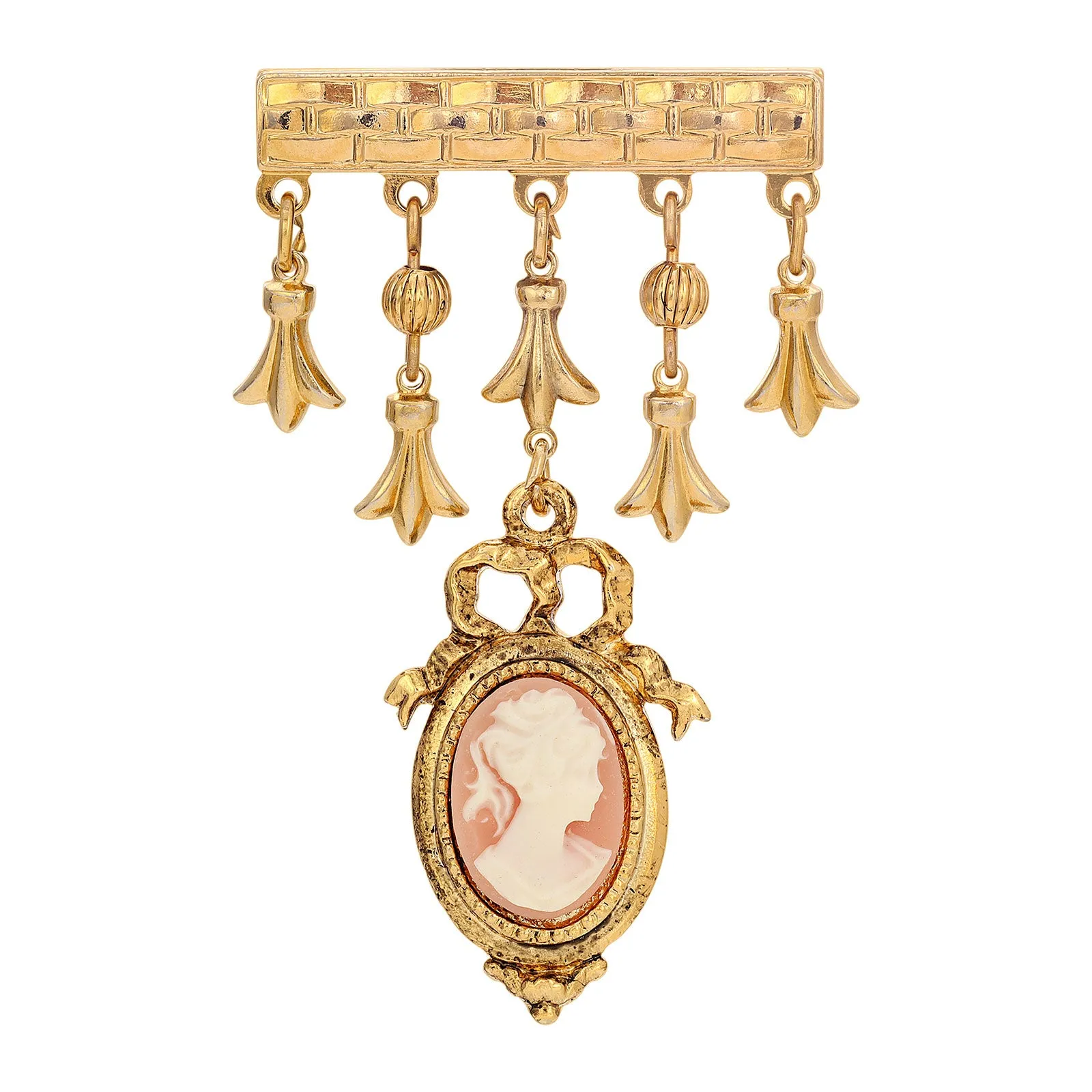 1928 Jewelry Dangling Charm Pink Cameo Bar Pin