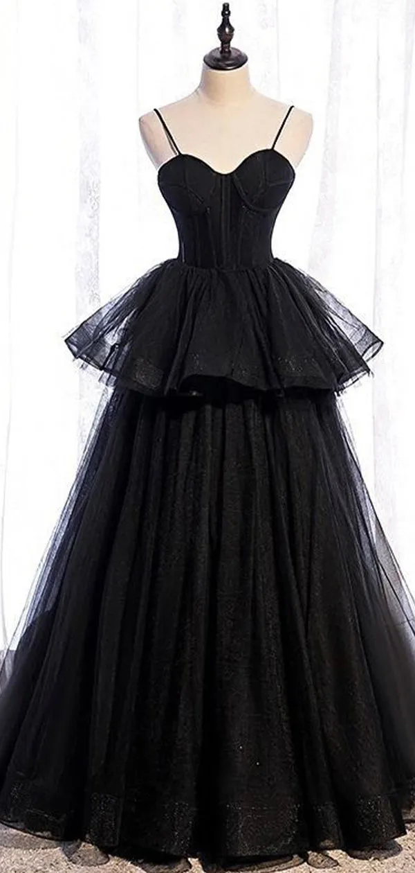 A-line Black Princess Straps Floor-Length Sweatheart Long Women Evening Prom Dresses PD804