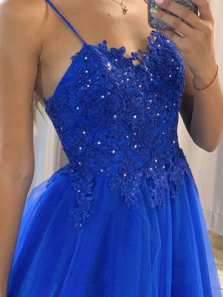 A-line Blue Lace Spaghetti Straps Party Formal Long Prom Dresses PD209