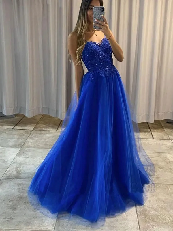 A-line Blue Lace Spaghetti Straps Party Formal Long Prom Dresses PD209