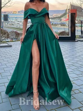 A-line Green Satin Off Shoulder Modest Elegant Long Evening Prom Dresses PD1205