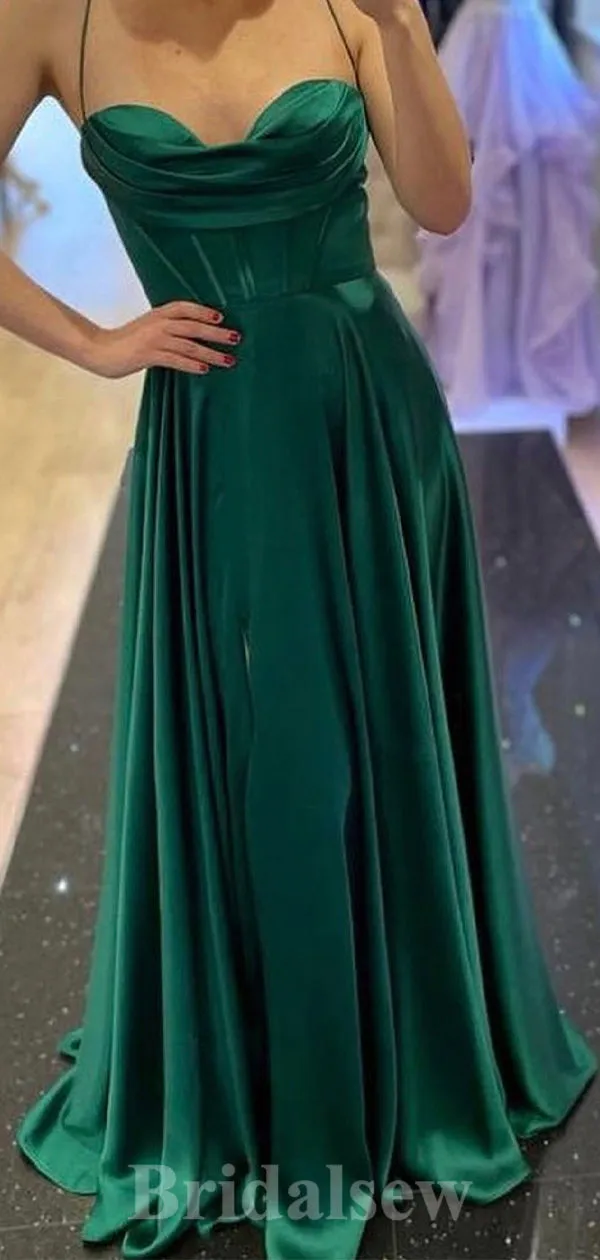 A-line Green Satin Spaghetti Straps Popular Elegant Long Women Evening Prom Dresses PD869