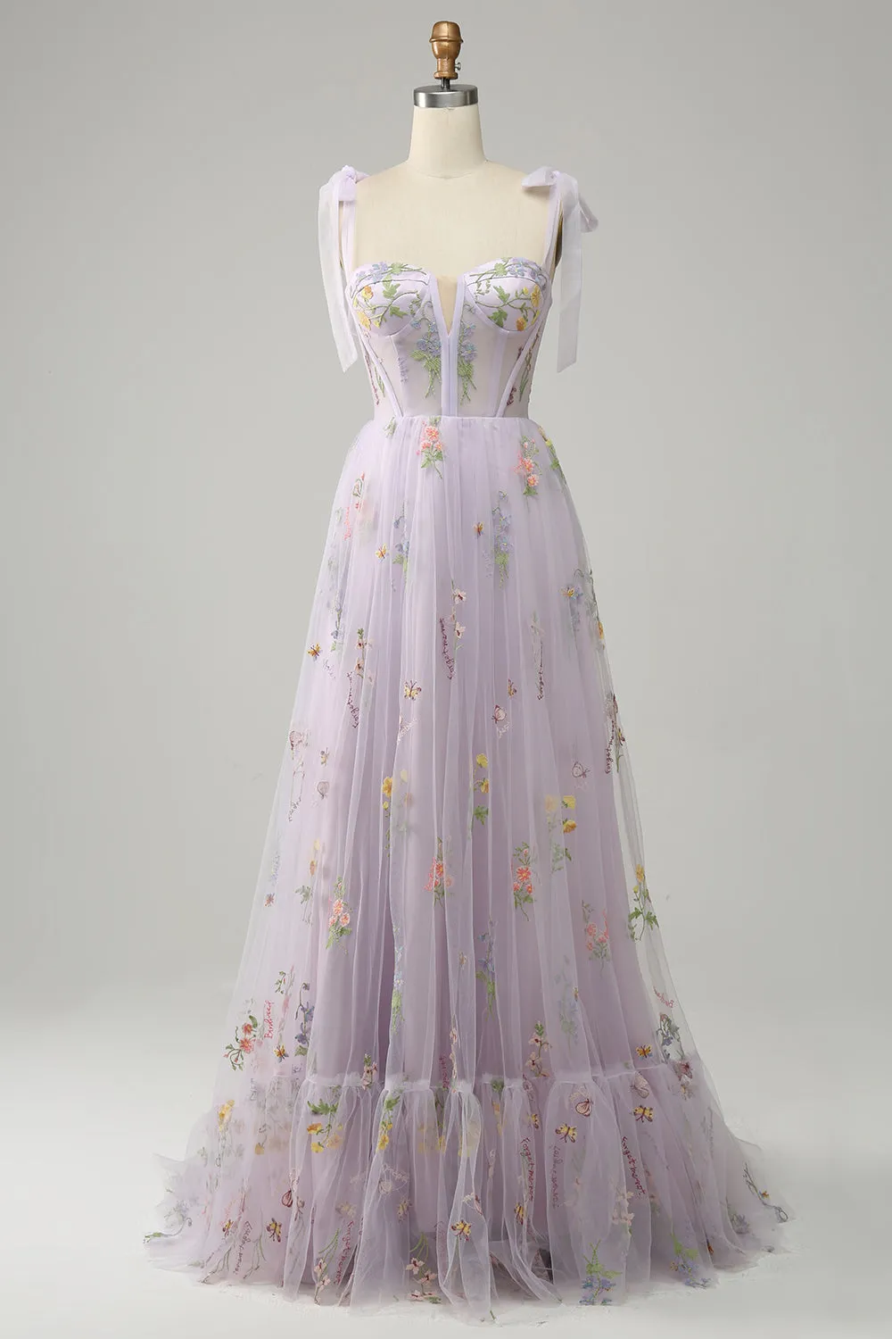 A-line Lilac Embroidery Corset Long Prom Dress