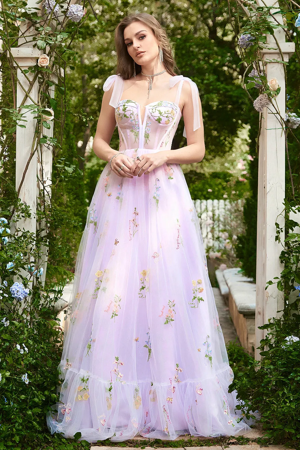 A-line Lilac Embroidery Corset Long Prom Dress