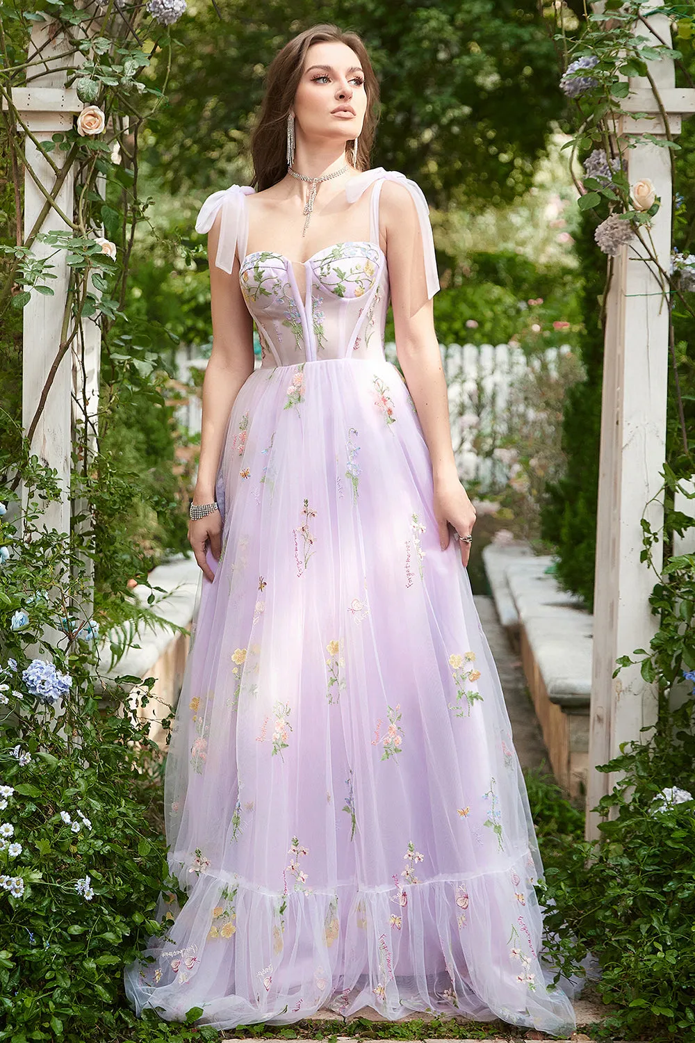 A-line Lilac Embroidery Corset Long Prom Dress