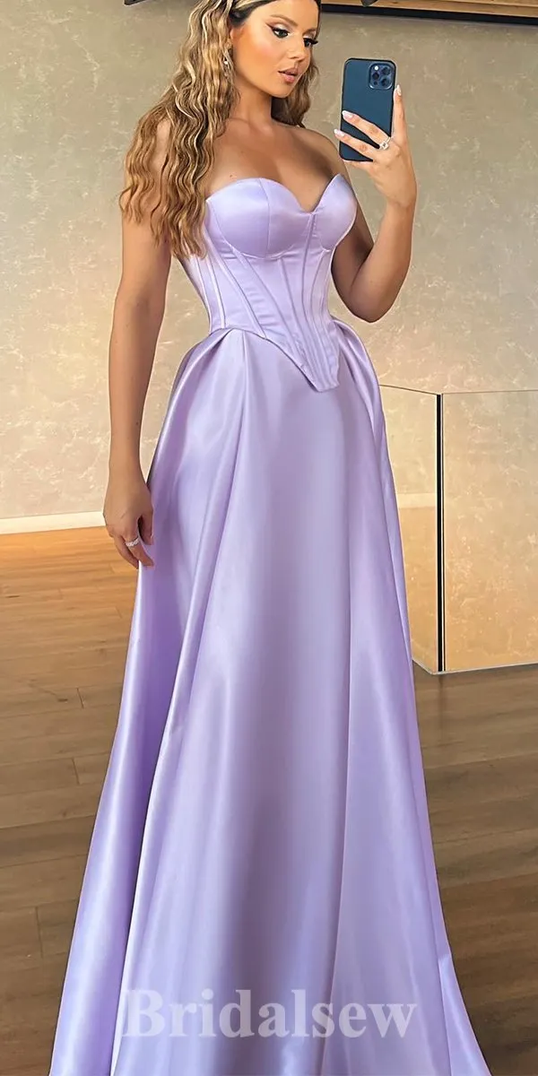 A-line Lilac Strapless Satin New Modest Long Elegant Stylish Prom Dresses PD1169