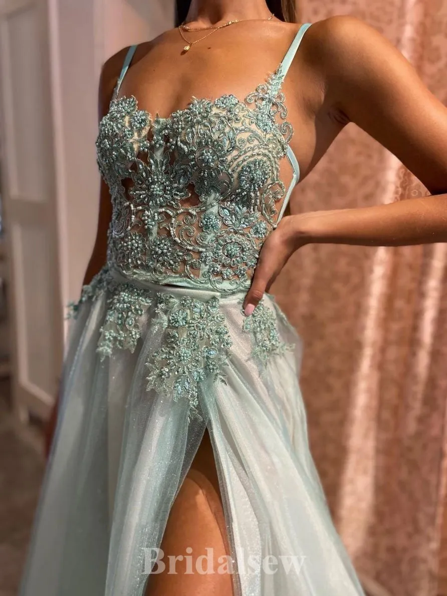 A-line Mint Green Modest High Quality Glitter Elegant Long Evening Prom Dresses PD1212