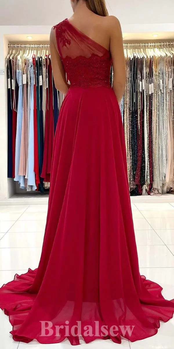 A-line Red One Shoulder Floor-Length Fashion Elegant Stylish Evening Long Prom Dresses PD1119