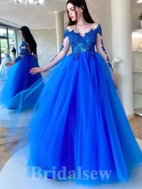 A-line Royal Blue Lace Stylish Long Sleeves Elegant Long Women Evening Prom Dresses PD853