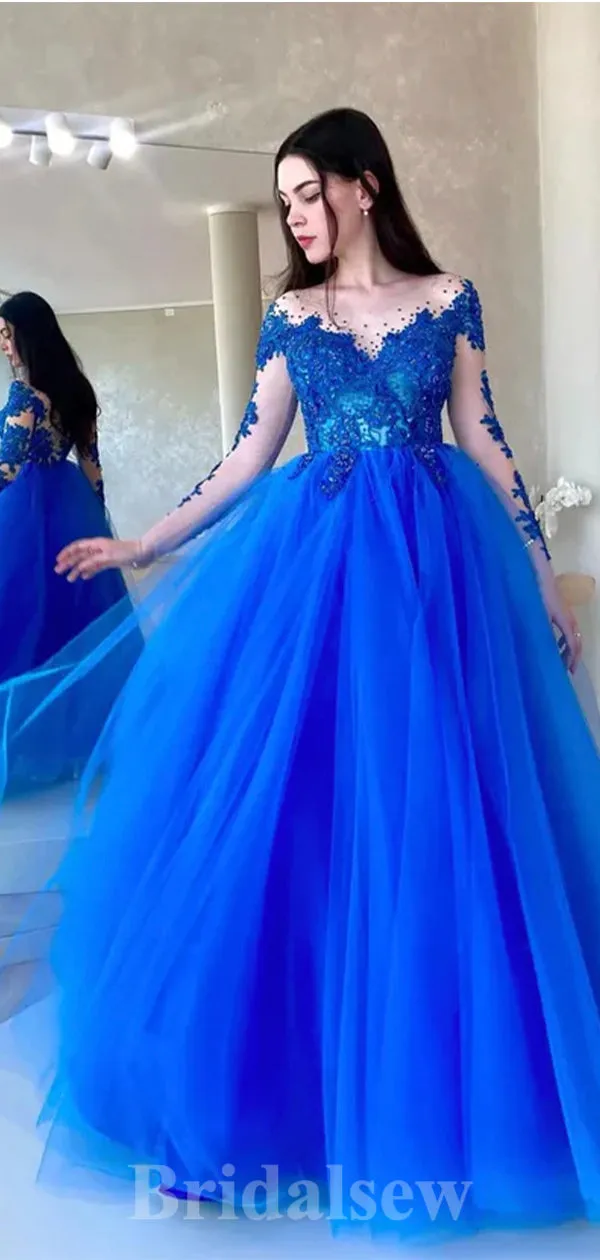 A-line Royal Blue Lace Stylish Long Sleeves Elegant Long Women Evening Prom Dresses PD853