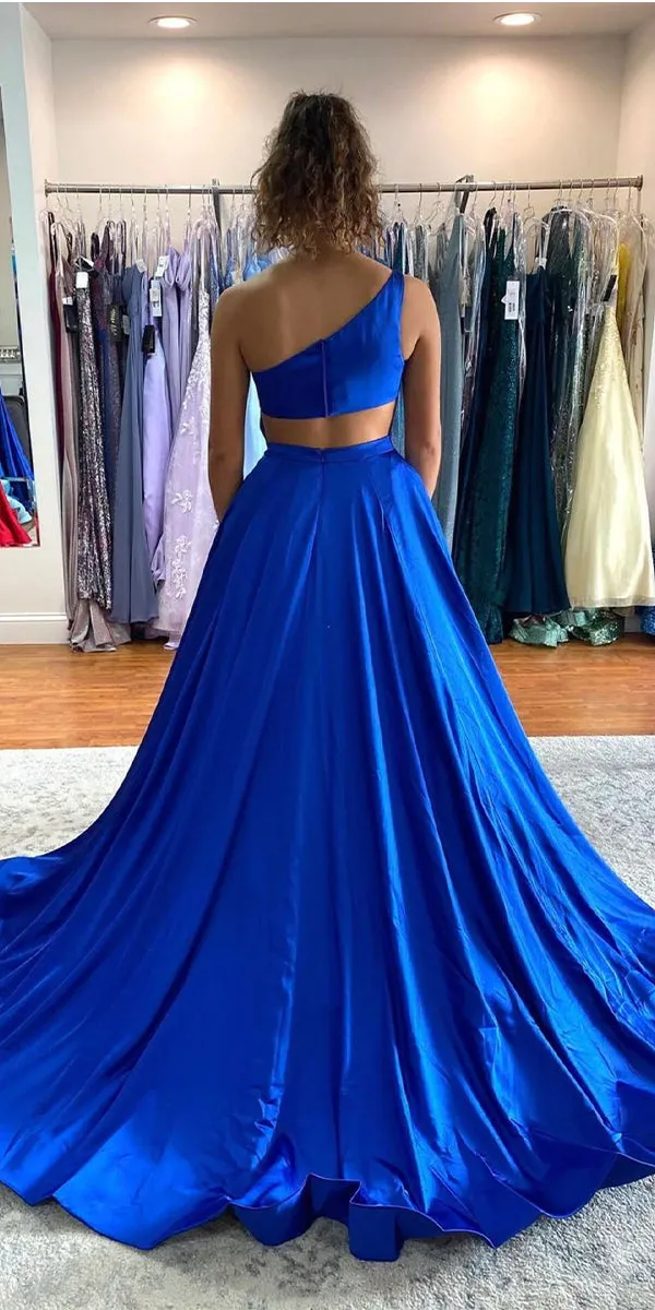 A-line Royal Blue One Shoulder Satin Popular Evening Formal Long Prom Dresses PD1395