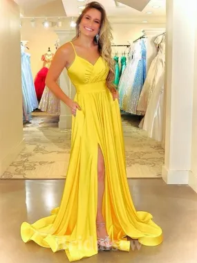 A-line Satin Yellow Spaghetti Straps Simple Elegant Modest Long Party Evening Prom Dresses PD1309