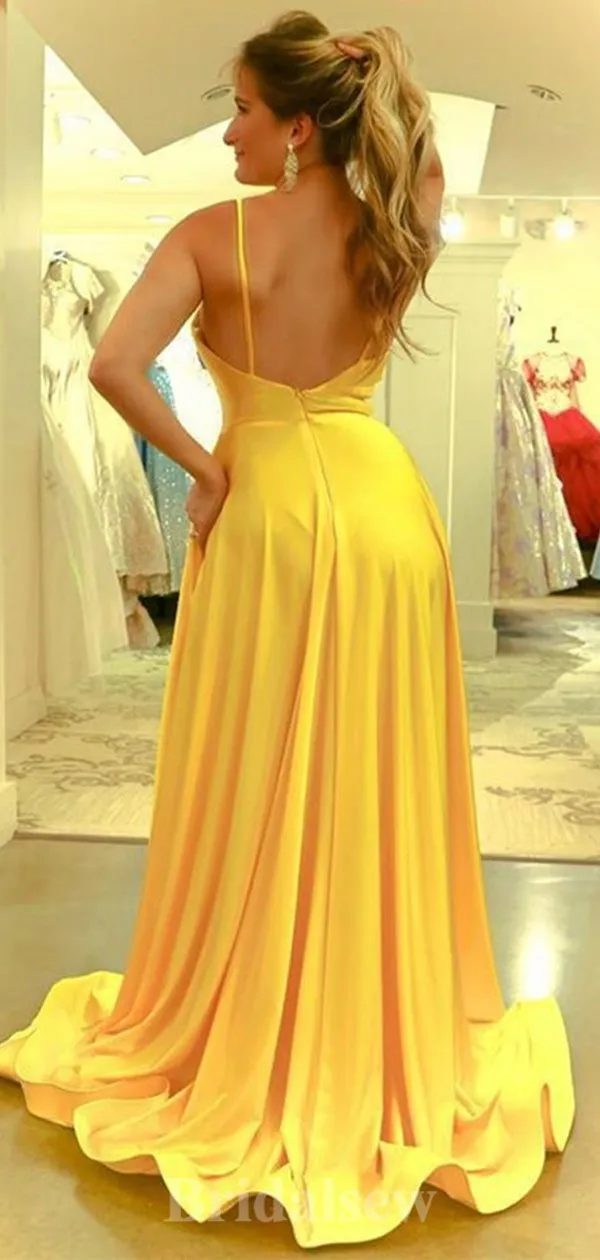 A-line Satin Yellow Spaghetti Straps Simple Elegant Modest Long Party Evening Prom Dresses PD1309