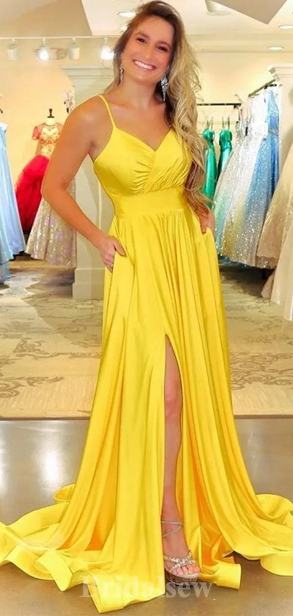 A-line Satin Yellow Spaghetti Straps Simple Elegant Modest Long Party Evening Prom Dresses PD1309