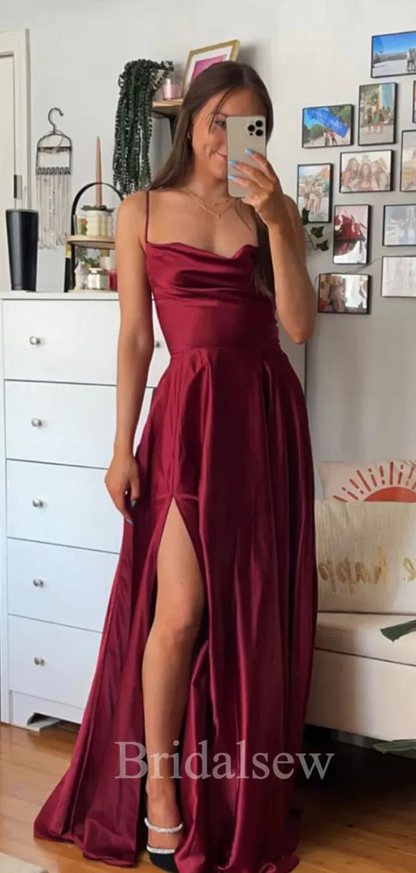 A-line Simple Spaghetti Straps Burgundy Women Satin Formal Evening Long Prom Dresses PD554