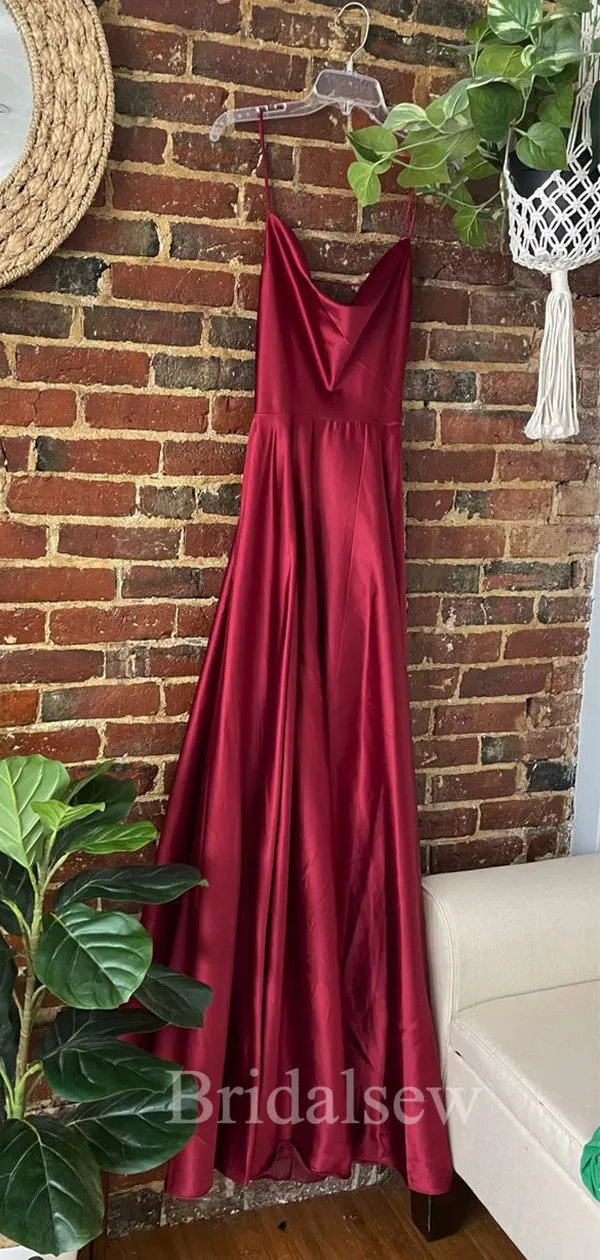 A-line Simple Spaghetti Straps Burgundy Women Satin Formal Evening Long Prom Dresses PD554