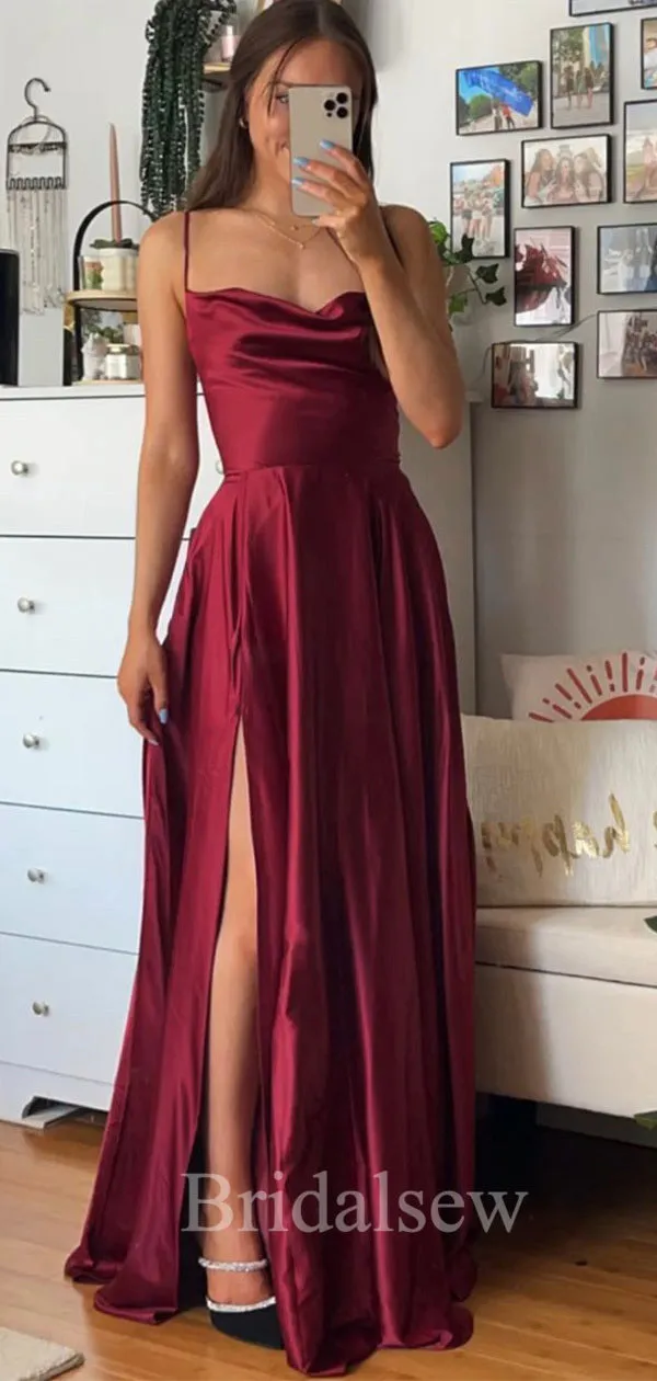 A-line Simple Spaghetti Straps Burgundy Women Satin Formal Evening Long Prom Dresses PD554