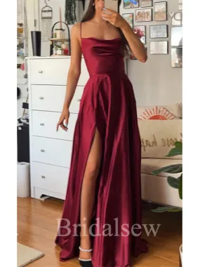 A-line Simple Spaghetti Straps Burgundy Women Satin Formal Evening Long Prom Dresses PD554