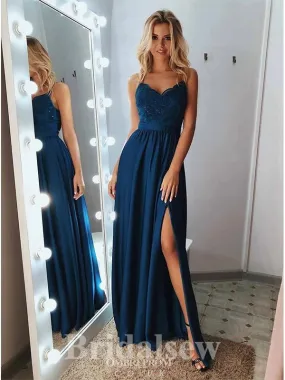 A-line Spaghetti Straps Popular Slit Stylish Party Evening Long Prom Dresses PD1130