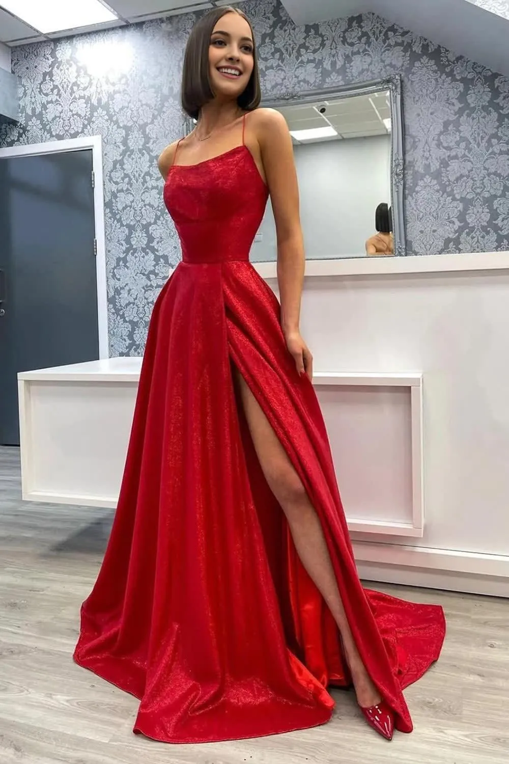 A Line Spaghetti Straps Red Long Prom Dress with Split Front