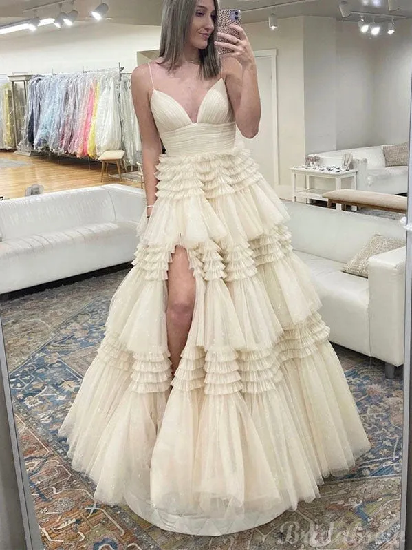 A-line Spaghetti Straps Tulle Princess Party Long Prom Dresses, Evening Dress PD357