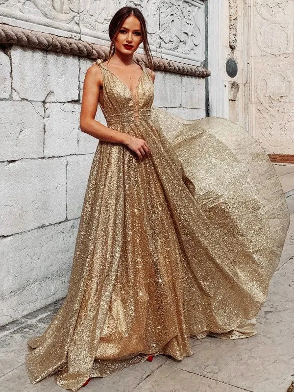 A-line Sparkly Sequin Shiny Long Gorgeous Glitter Modest Party Women Evening Prom Dresses PD670