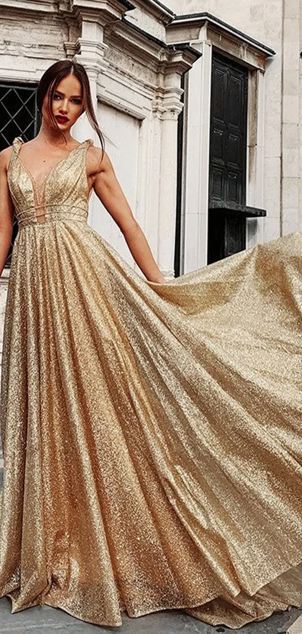 A-line Sparkly Sequin Shiny Long Gorgeous Glitter Modest Party Women Evening Prom Dresses PD670