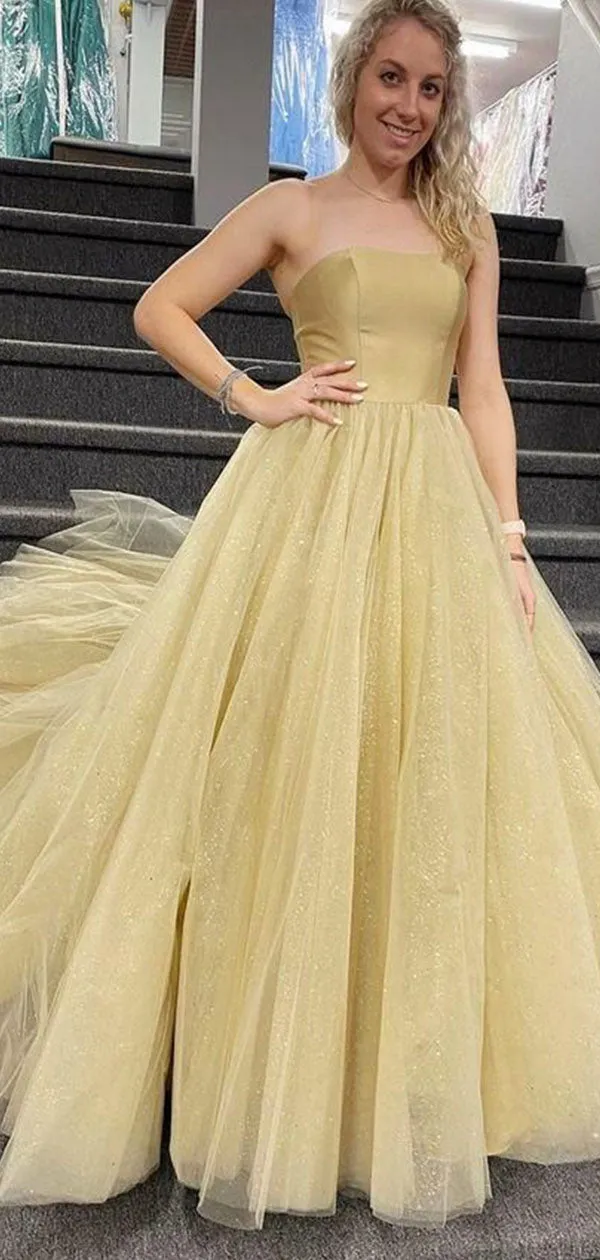 A-line Strapless Yellow Sparkly Sequin Modest Evening Long Prom Dresses PD329