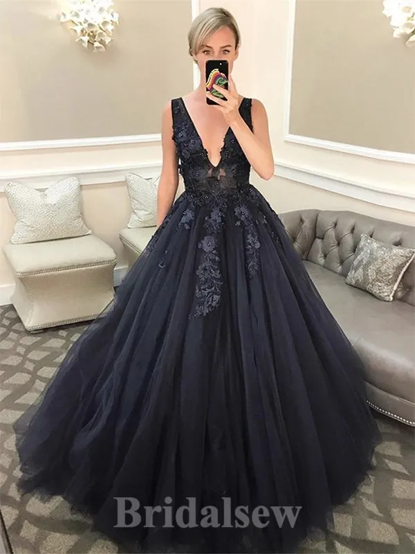 A-line V-Neck Tulle Best Floor-Length Elegant Modest Long Party Evening Prom Dresses PD1320