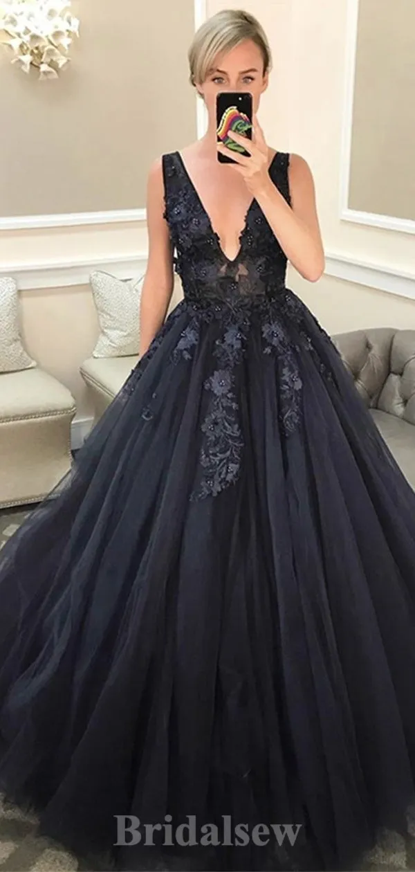 A-line V-Neck Tulle Best Floor-Length Elegant Modest Long Party Evening Prom Dresses PD1320