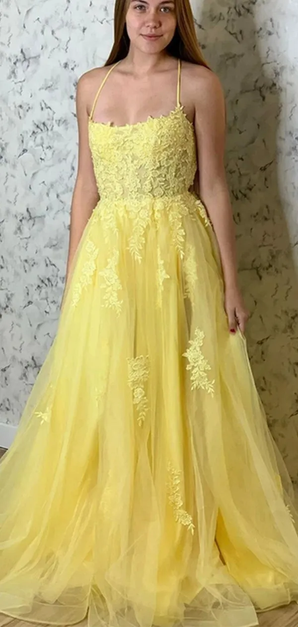 A-line Yellow Lace Popular Spaghetti Straps Modest Long Prom Dresses PD241