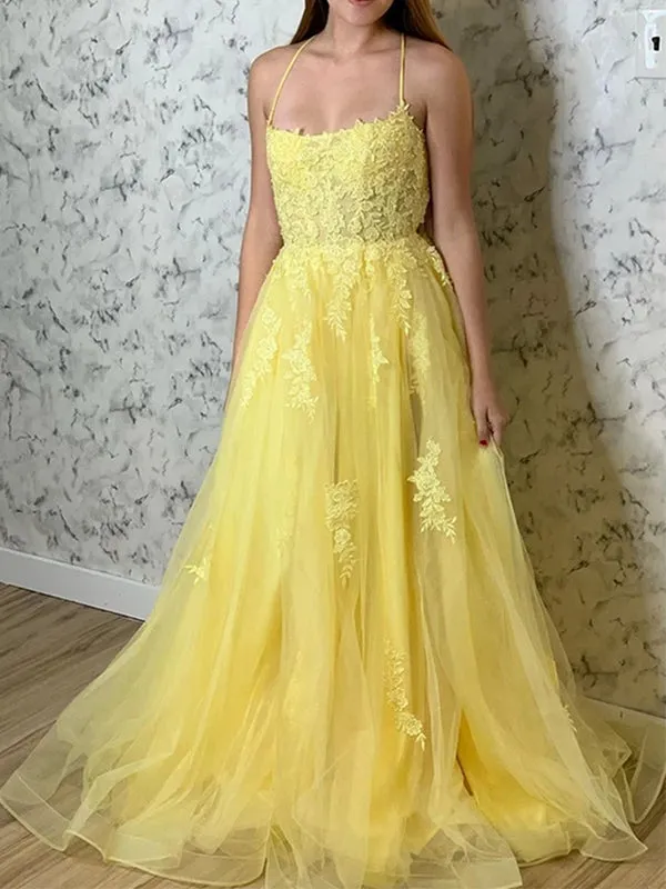 A-line Yellow Lace Popular Spaghetti Straps Modest Long Prom Dresses PD241