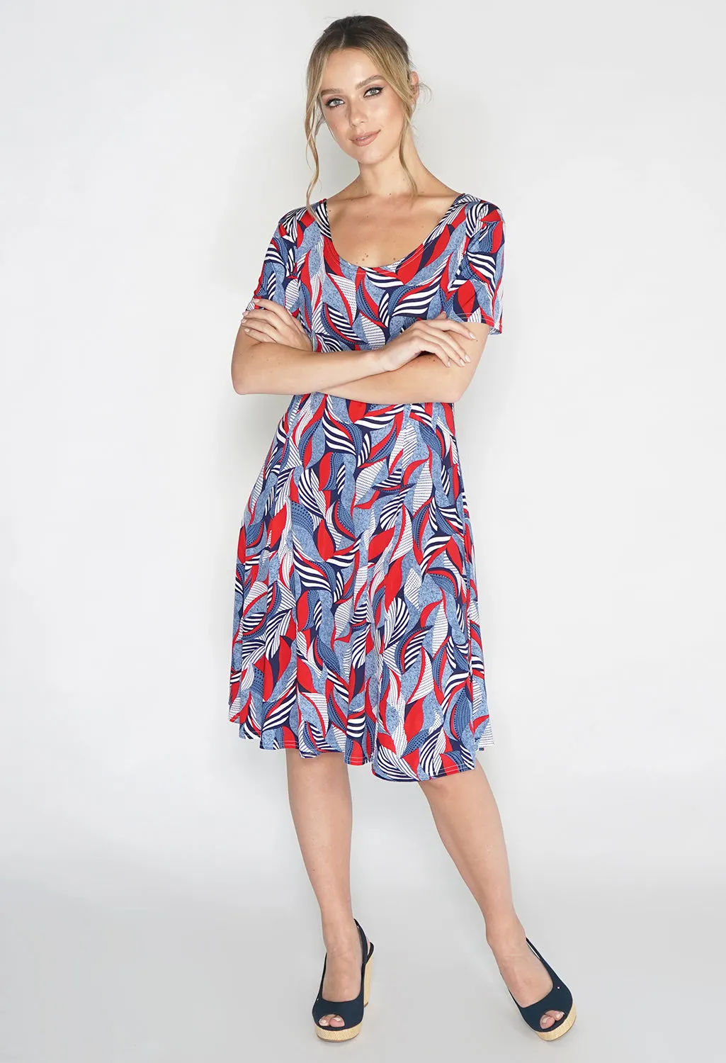 Abstract Red Leaf Print Swing Dress