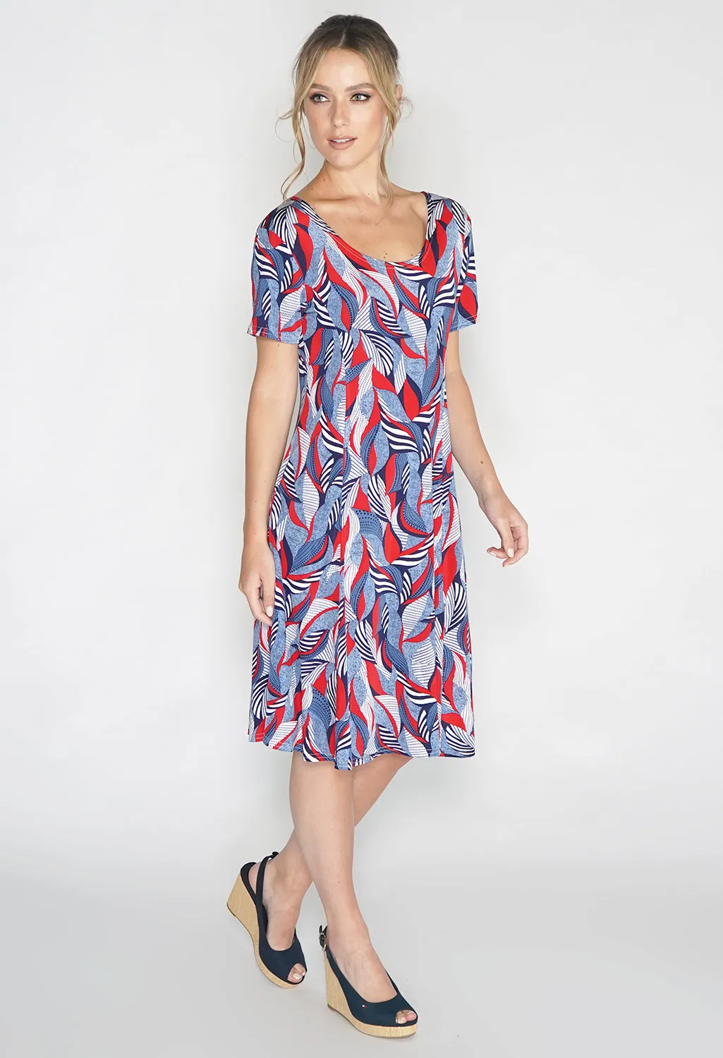 Abstract Red Leaf Print Swing Dress