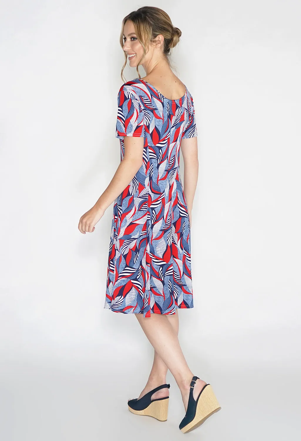 Abstract Red Leaf Print Swing Dress