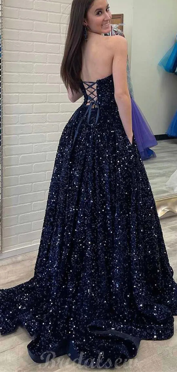 Aline Black Sequin Sparkly Princess Black Girls Slay Elegant Evening Modest Long Prom Dresses PD465