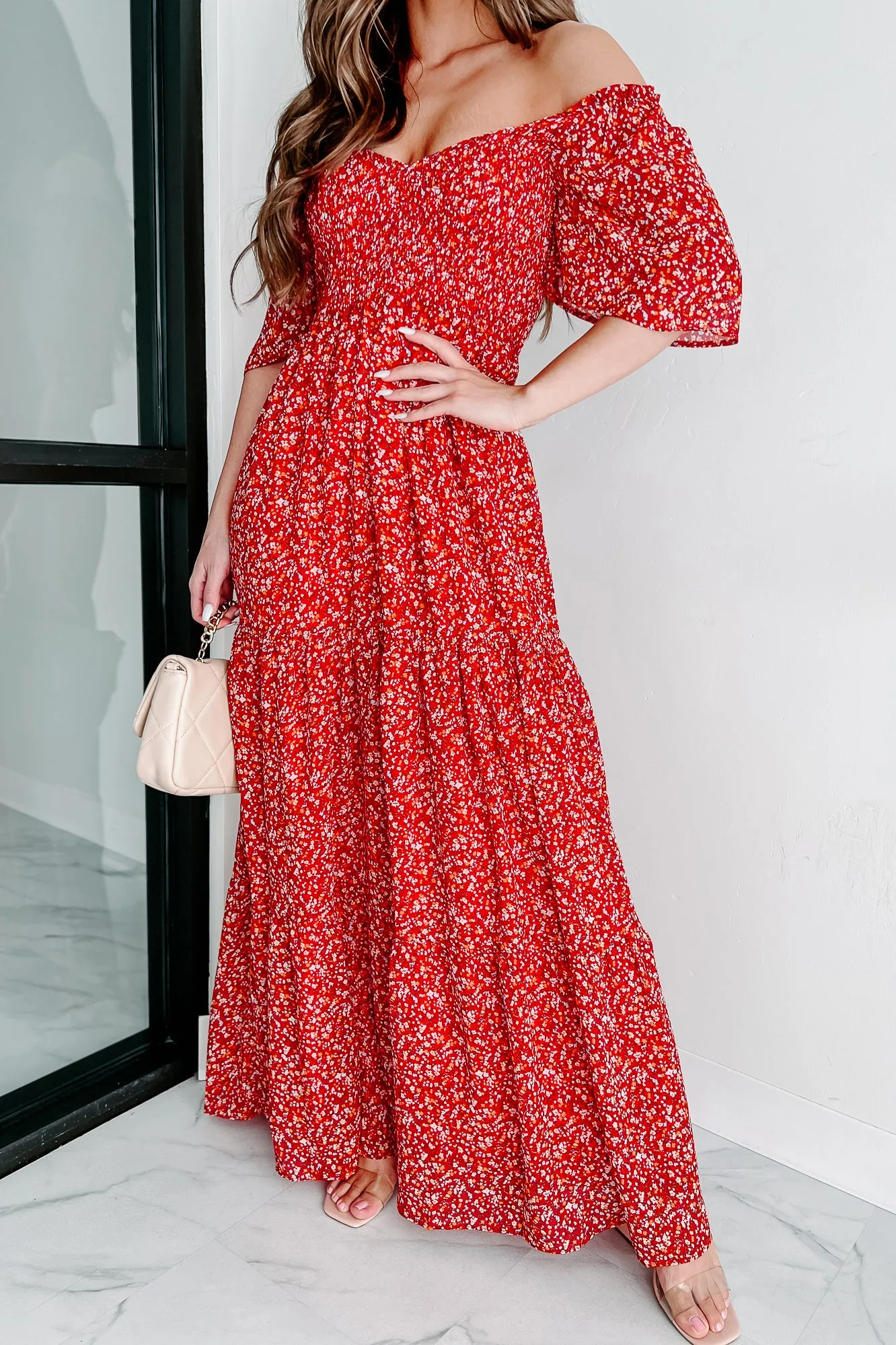 Always Sweet Floral Smocked Maxi Dress (Red)