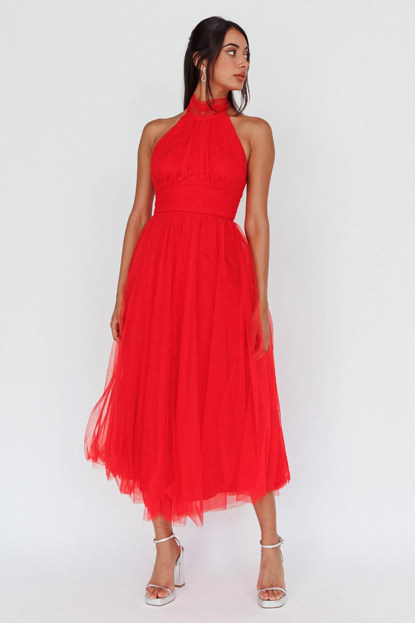 Andria Halterneck Tulle Midi Dress Red