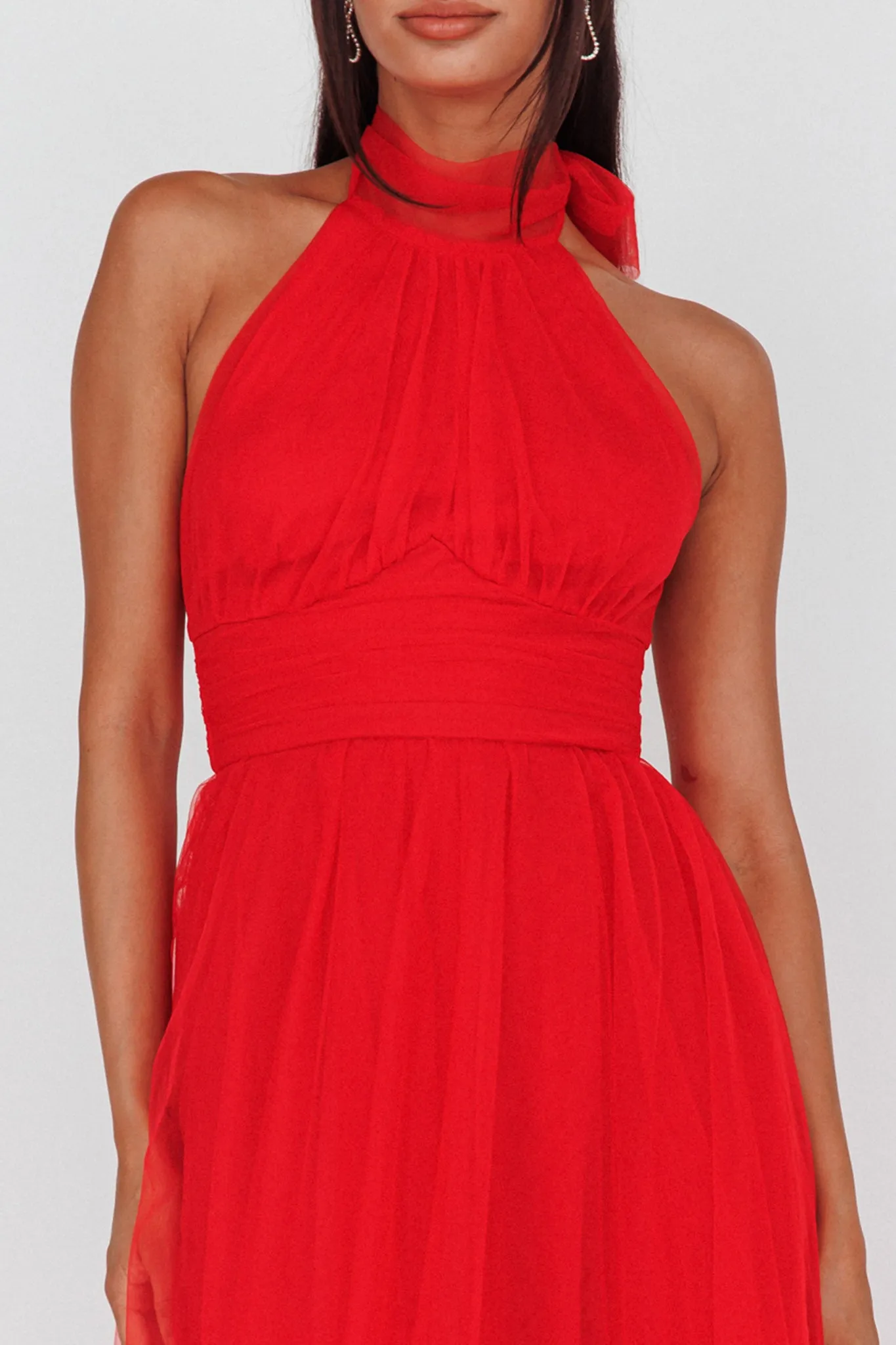 Andria Halterneck Tulle Midi Dress Red