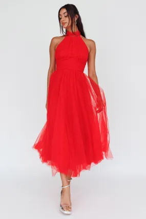 Andria Halterneck Tulle Midi Dress Red