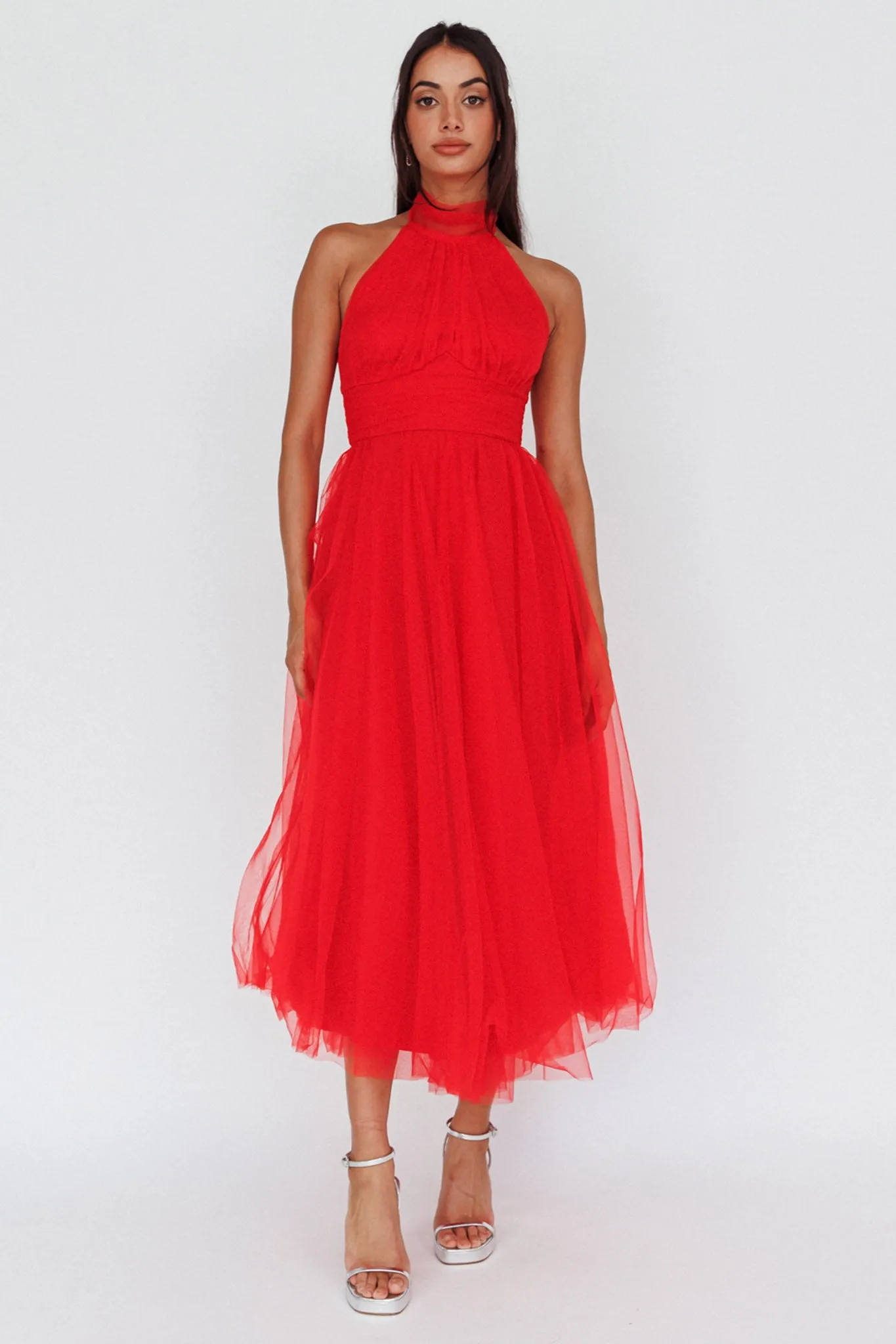 Andria Halterneck Tulle Midi Dress Red