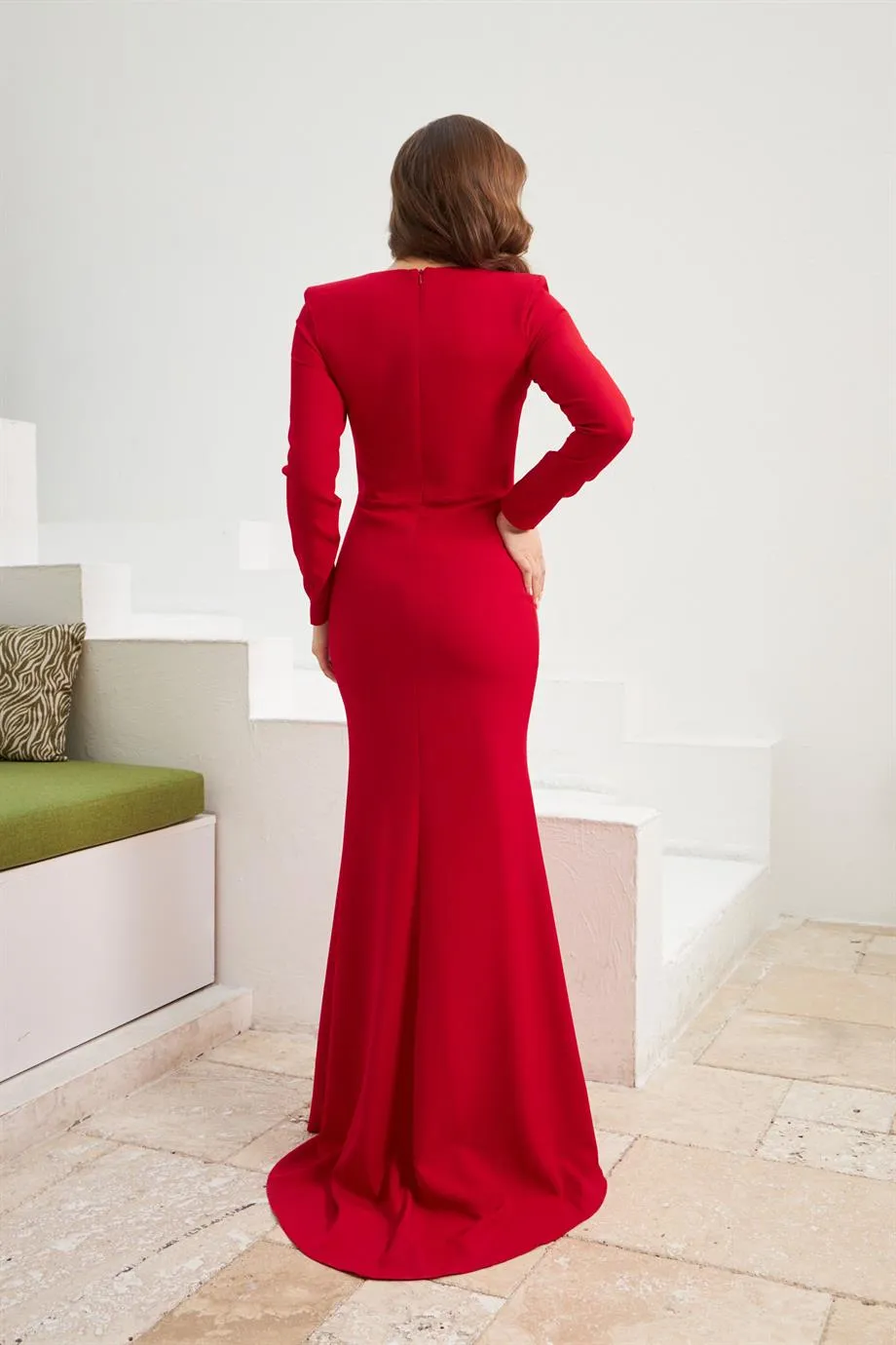 Angelino Red Crepe Embroidered Long Evening Dress and Invitation Dress