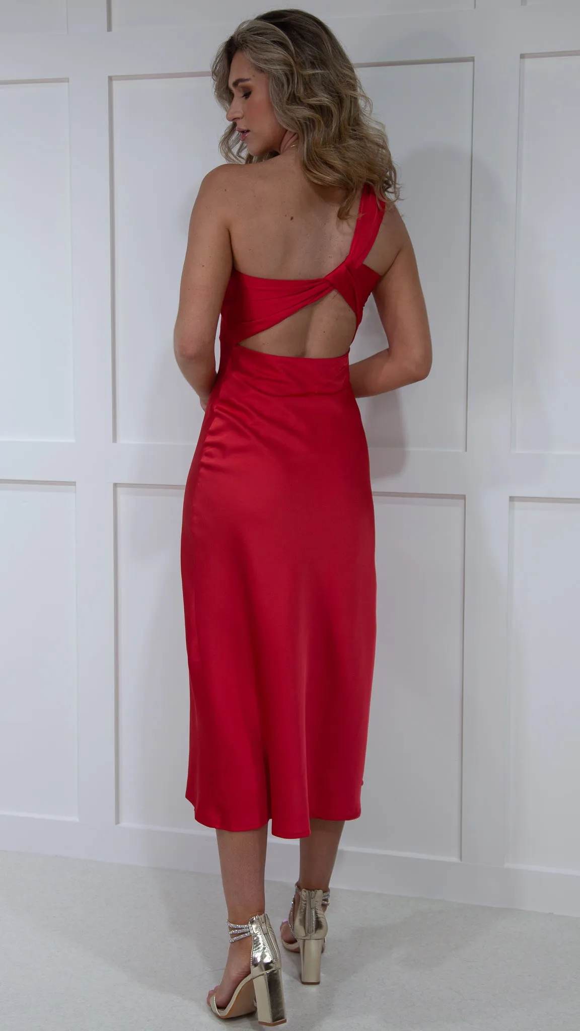 Aoise Red One Shoulder Satin Finish Midi Dress