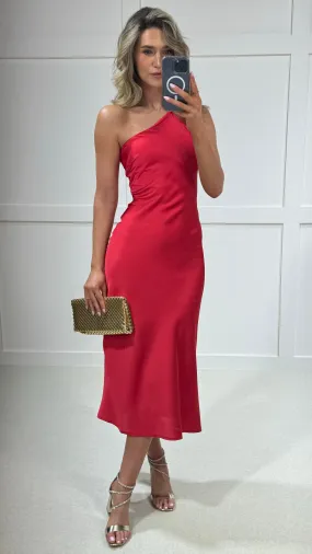 Aoise Red One Shoulder Satin Finish Midi Dress