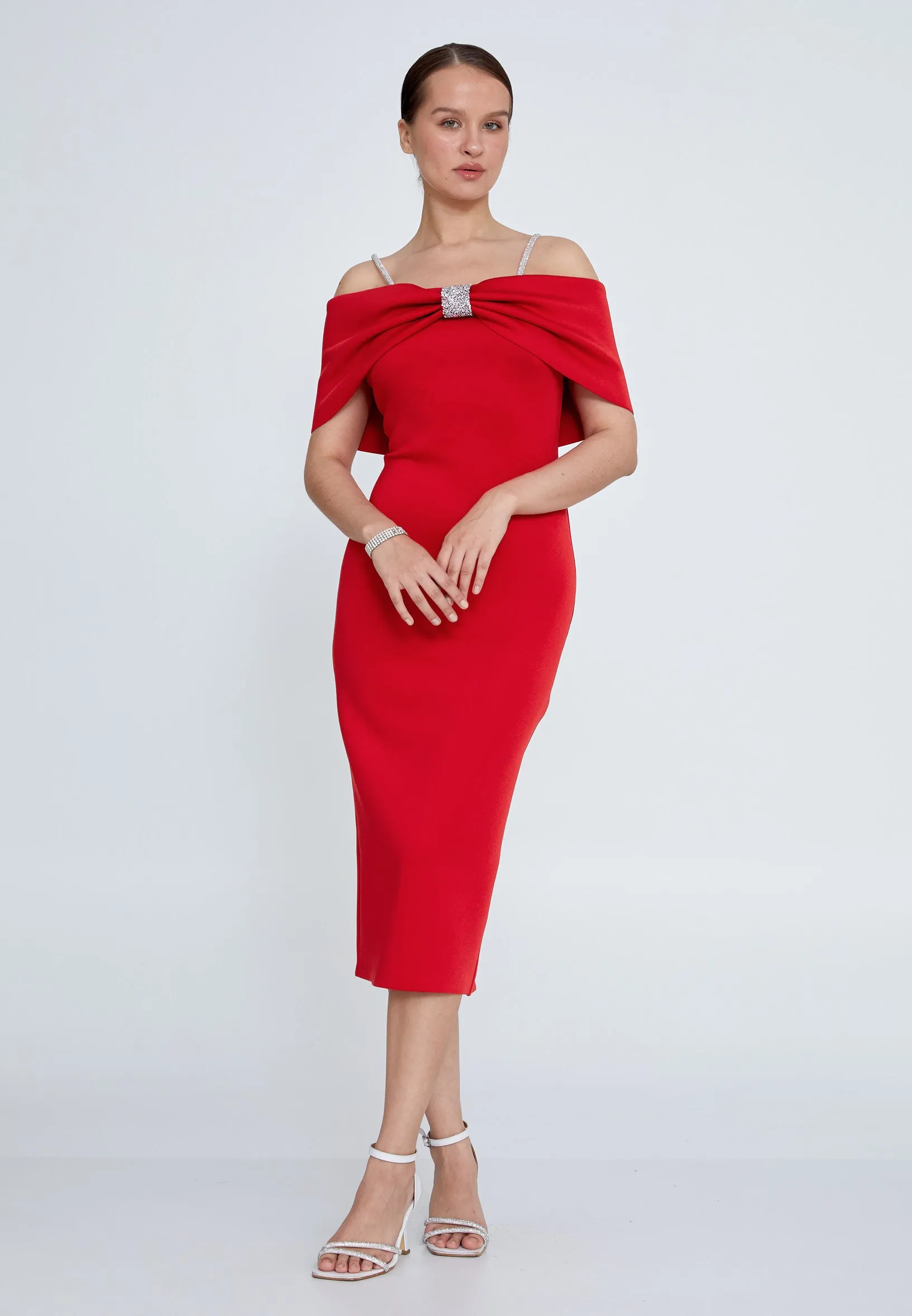 Big Bow Off Shoulder with Straps Midi Pencil Dress - Red