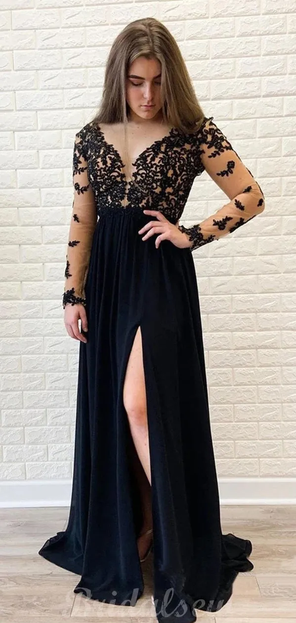 Black Chiffon Long Sleeves Formal Side Slit Modest Long Prom Dresses PD002