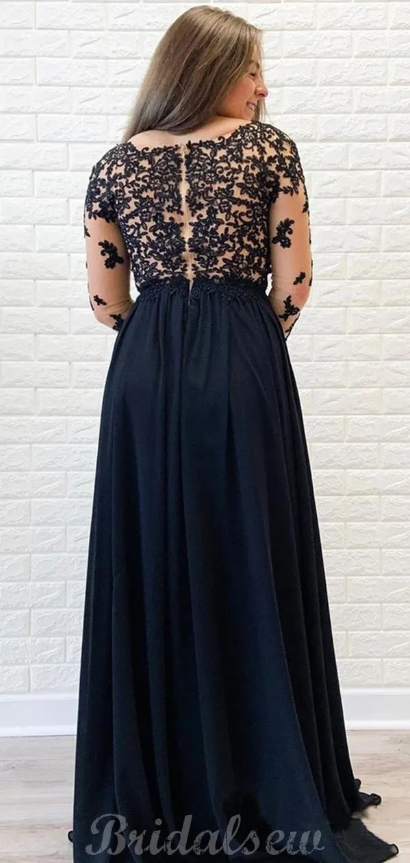 Black Chiffon Long Sleeves Formal Side Slit Modest Long Prom Dresses PD002