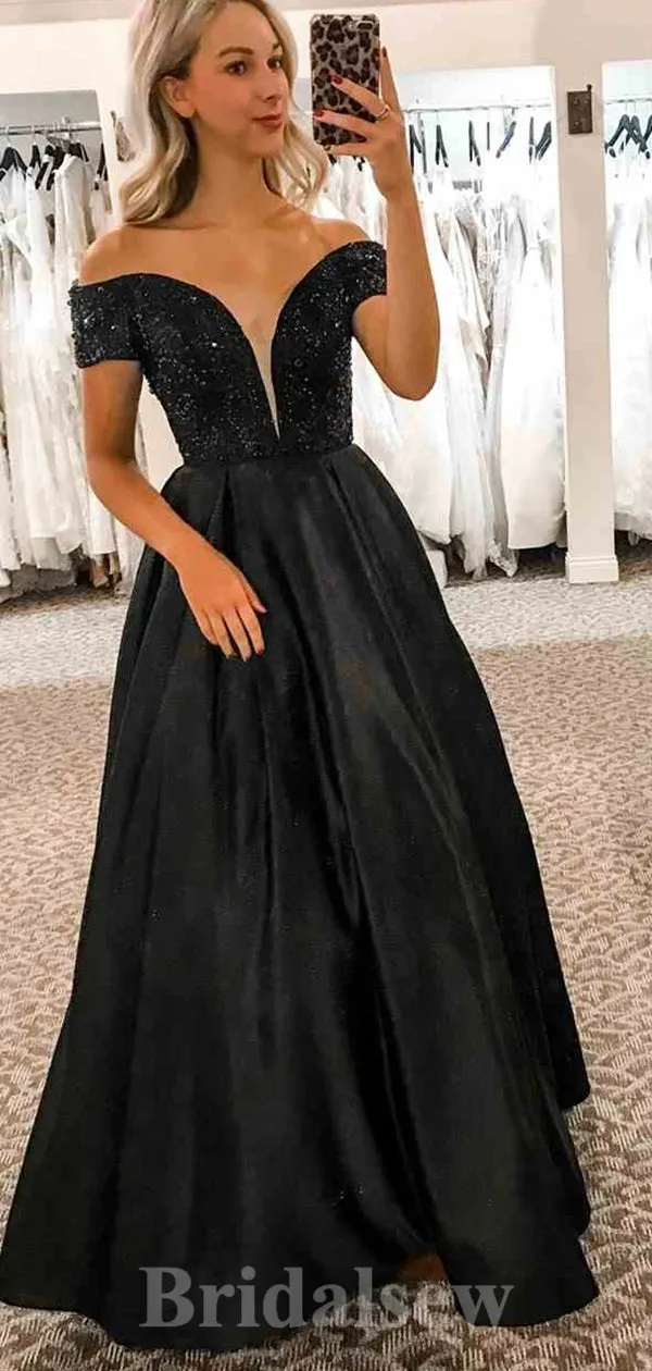 Black Gorgeous Off the Shoulder Sparkly Sequin Unique Elegant Party Long Women Evening Prom Dresses PD884