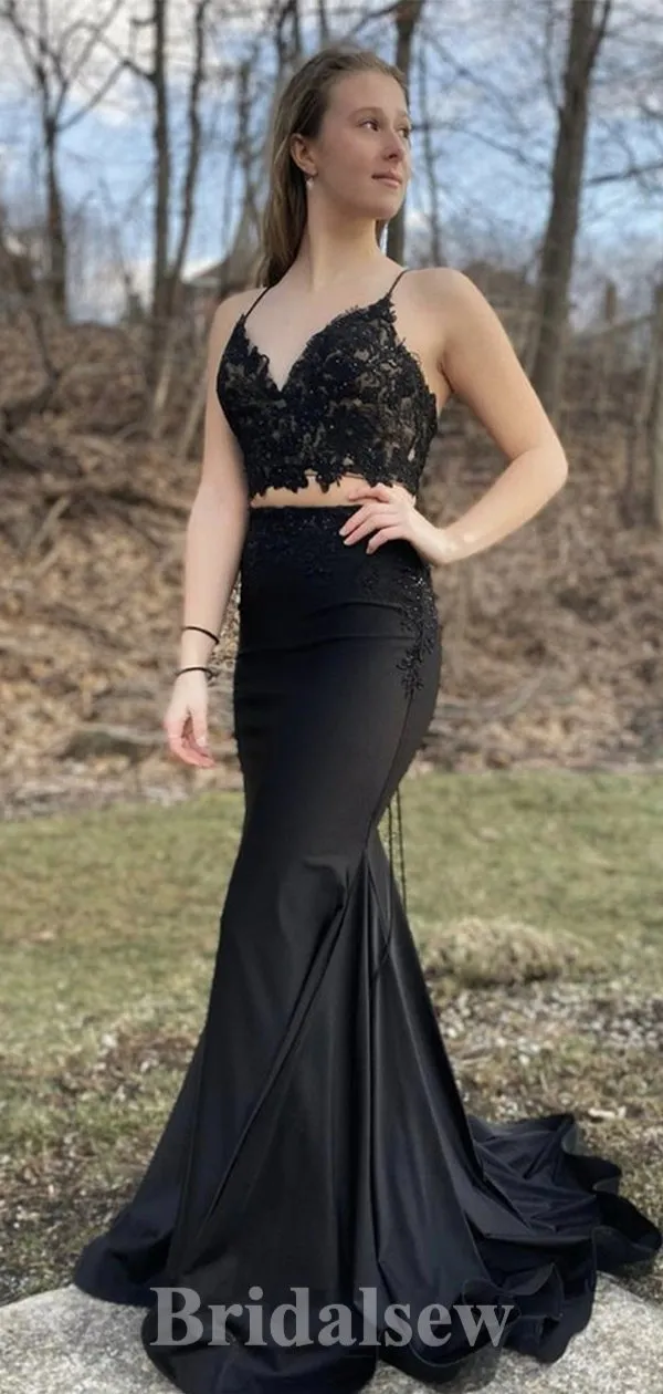 Black Spaghetti Straps Two Pieces Elegant Mermaid Formal Long Evening Prom Dresses PD1056